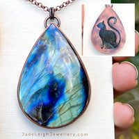 Cat silhouette necklace, labradorite and copper
