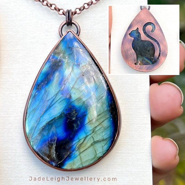 Cat silhouette necklace, labradorite and copper