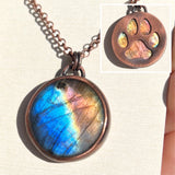 Dog paw print silhouette necklace, labradorite and copper