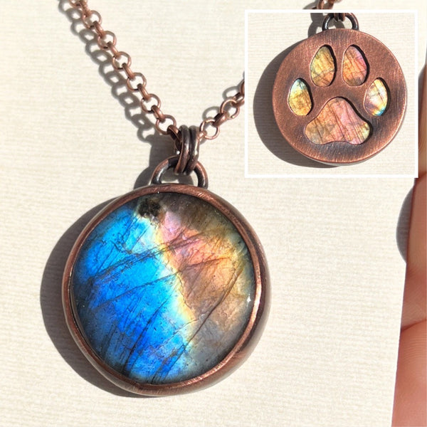 Dog paw print silhouette necklace, labradorite and copper
