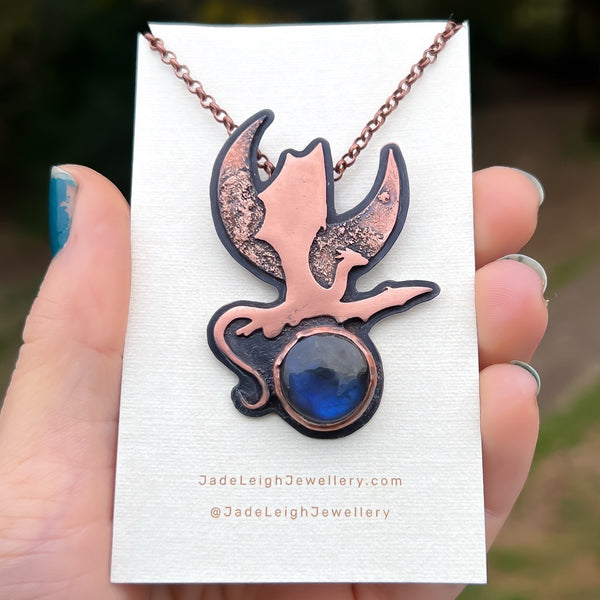 Copper dragon moon pendant with labradorite