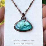 Cat stretching silhouette necklace, labradorite and copper