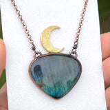 Copper labradorite dragon crescent moon pendant