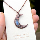 Crescent moon moonstone pendant, copper