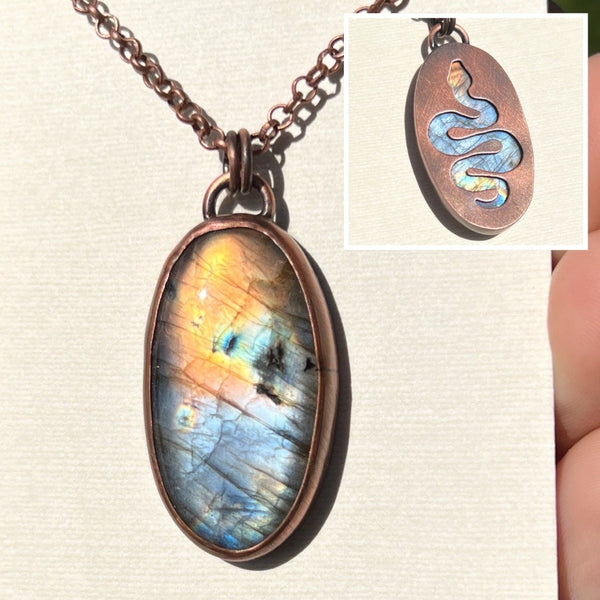 Snake silhouette necklace, labradorite and copper