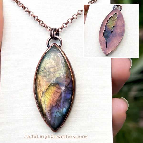 Feather silhouette necklace, labradorite and copper