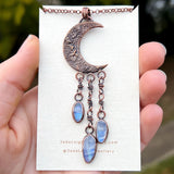Crescent moon moonstone pendant, copper