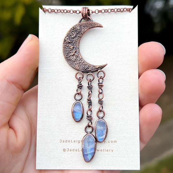 Crescent moon moonstone pendant, copper