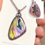 Gecko spirit animal necklace, copper and labradorite