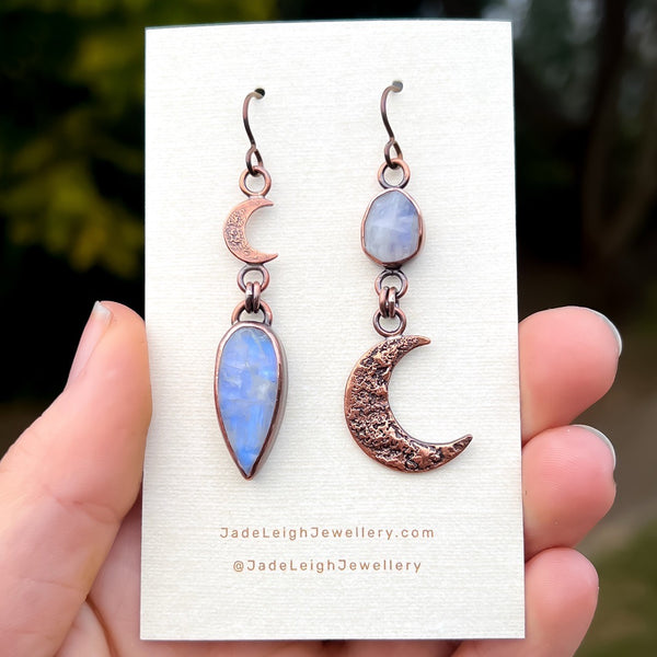 Crescent moon moonstone earrings, copper