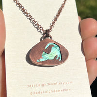 Cat stretching silhouette necklace, labradorite and copper