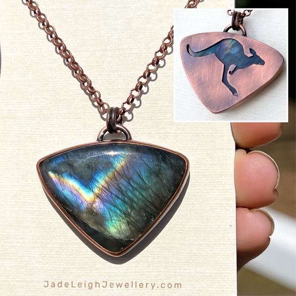 Kangaroo spirit animal necklace, copper and labradorite