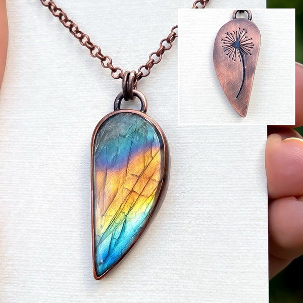 Dandelion wish silhouette necklace, copper and labradorite