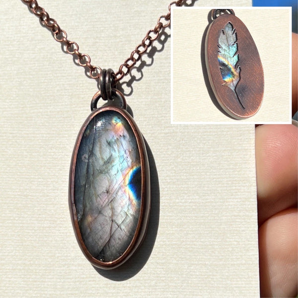 Feather silhouette necklace, labradorite and copper