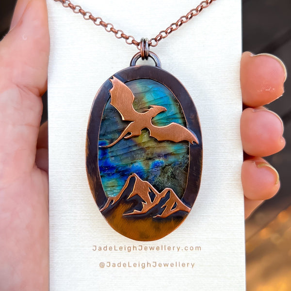 Copper labradorite dragon mountains pendant