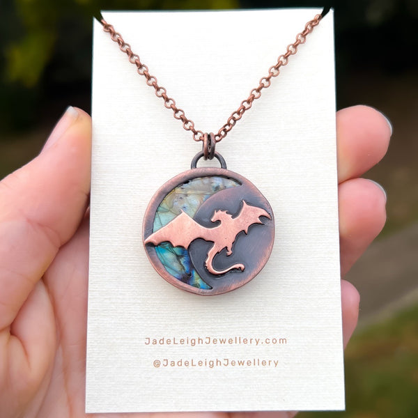 Copper labradorite dragon pendant