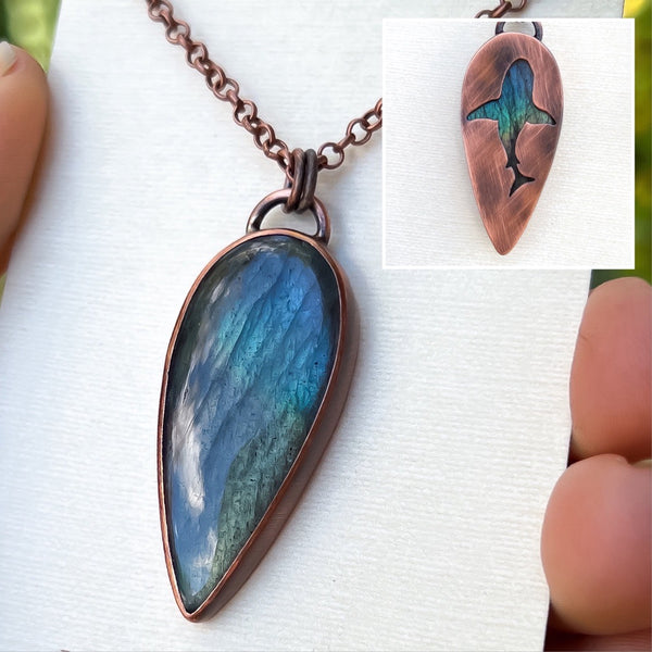 Shark spirit animal necklace, copper and labradorite