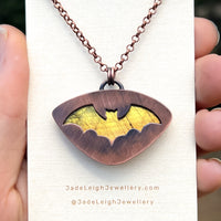 Bat silhouette necklace, labradorite and copper