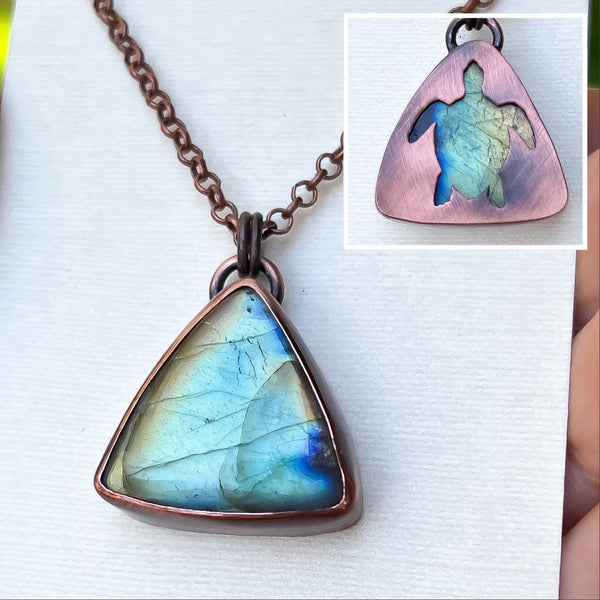 Turtle spirit animal necklace, copper and labradorite
