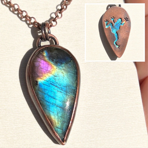 Frog spirit animal necklace, copper and labradorite