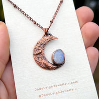 Crescent moon moonstone pendant, copper