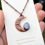 Crescent moon moonstone pendant, copper