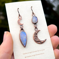 Crescent moon moonstone earrings, copper