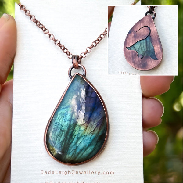 Manta ray totem spirit animal necklace, labradorite and copper