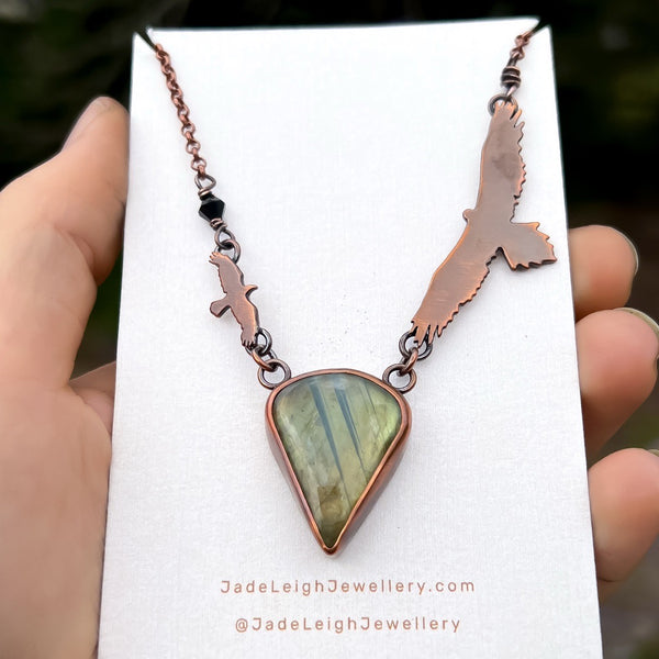 Wedge tailed eagle and crow necklace, copper & labradorite
