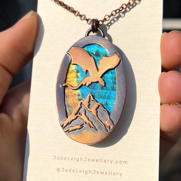 Copper labradorite dragon mountains pendant