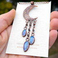 Crescent moon moonstone pendant, copper