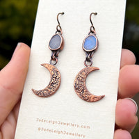 Crescent moon moonstone earrings, copper