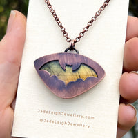 Bat silhouette necklace, labradorite and copper