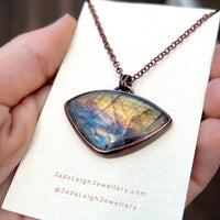Bat silhouette necklace, labradorite and copper