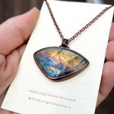 Bat silhouette necklace, labradorite and copper