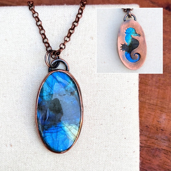 Seahorse spirit animal necklace, copper and labradorite