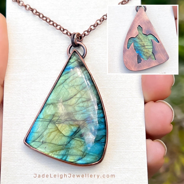 Turtle spirit animal necklace, copper and labradorite