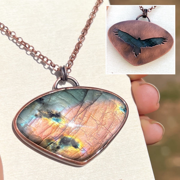 Wedge tailed eagle spirit animal necklace, copper and labradorite