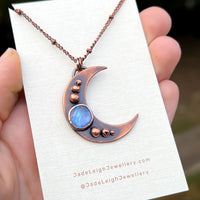 Crescent moon moonstone pendant, copper