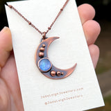 Crescent moon moonstone pendant, copper
