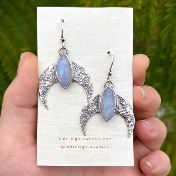 Moonstone crescent moon textured earrings