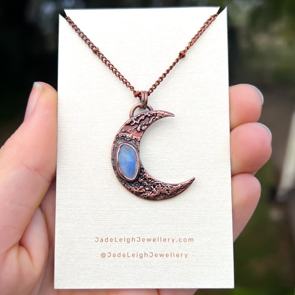 Crescent moon moonstone pendant, copper