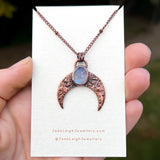 Crescent moon moonstone pendant, copper