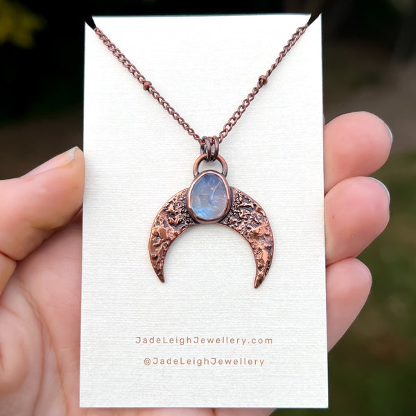 Crescent moon moonstone pendant, copper
