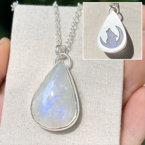 Wolf moon necklace, moonstone and sterling silver