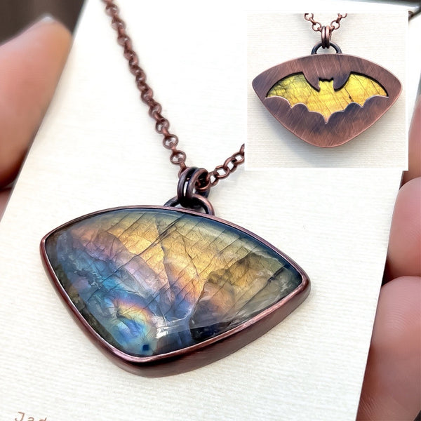 Bat silhouette necklace, labradorite and copper