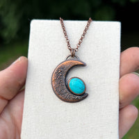 Blue moon turquoise crescent moon pendant, copper