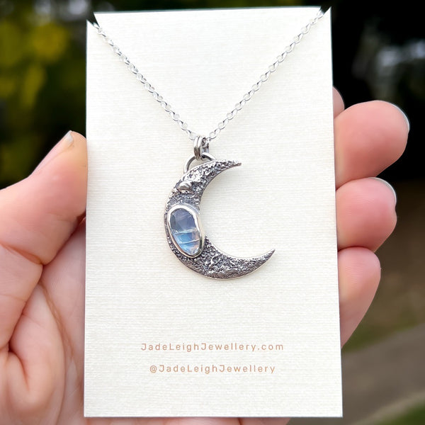 Moonstone textured crescent moon pendant