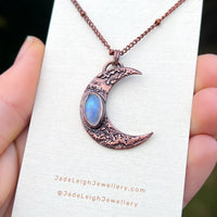 Crescent moon moonstone pendant, copper