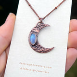 Crescent moon moonstone pendant, copper